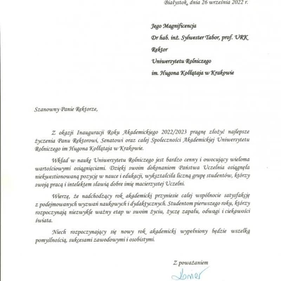 Podziękowania za zaproszenie na Inaugurację Roku Akademickiego 2022/2023 na URK