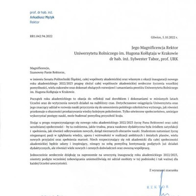 Podziękowania za zaproszenie na Inaugurację Roku Akademickiego 2022/2023 na URK