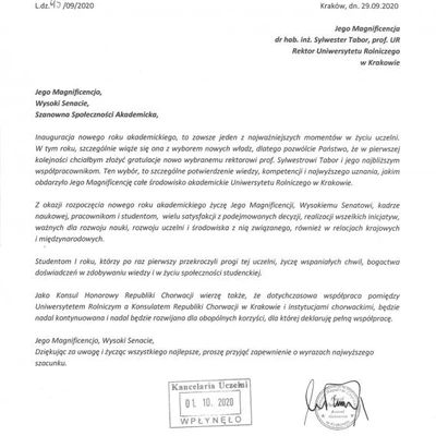 Podziękowania za zaproszenie na Inaugurację Roku Akademickiego