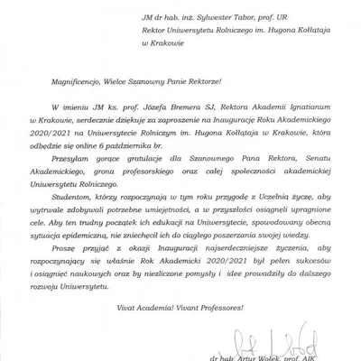 Podziękowania za zaproszenie na Inaugurację Roku Akademickiego