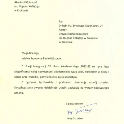 Podziękowania za zaproszenie na Inaugurację Roku Akademickiego 2022/2023 na URK