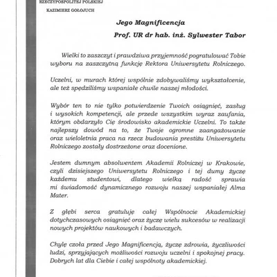 Podziękowania za zaproszenie na Inaugurację Roku Akademickiego