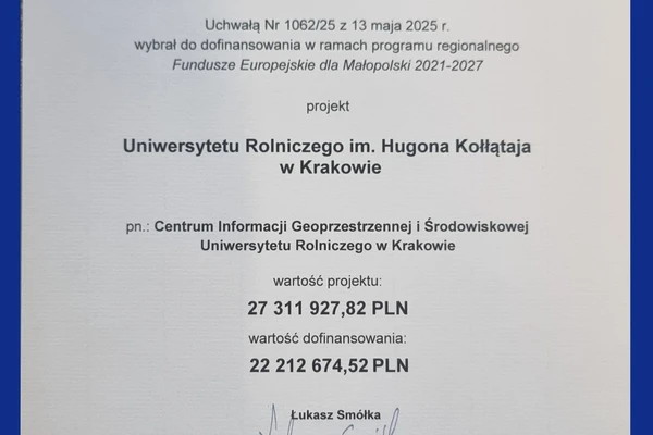 Uniwersytet Rolniczy w Krakowie z dofinansowaniem na utworzenie Centrum Informacji Geoprzestrzennej i Środowiskowej (CIGIŚ URK)