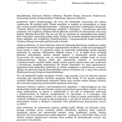 Podziękowania za zaproszenie na Inaugurację Roku Akademickiego 2022/2023 na URK