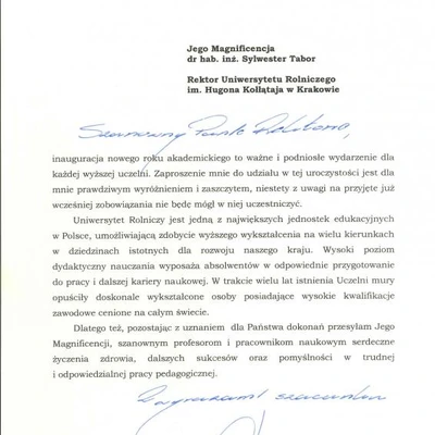 Podziękowania za zaproszenie na Inaugurację Roku Akademickiego 2022/2023 na URK