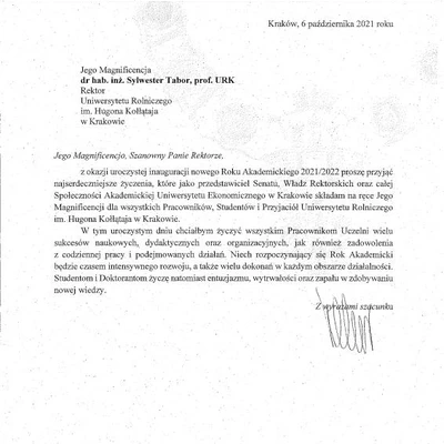 Podziękowania za zaproszenie na Inaugurację Roku Akademickiego