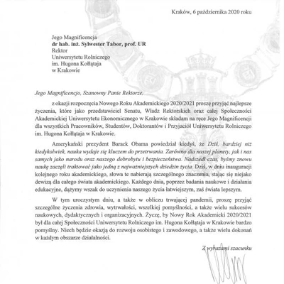 Podziękowania za zaproszenie na Inaugurację Roku Akademickiego