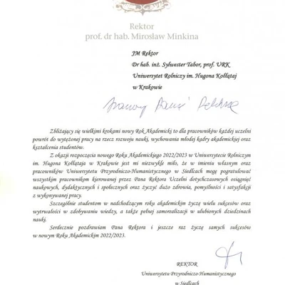 Podziękowania za zaproszenie na Inaugurację Roku Akademickiego 2022/2023 na URK