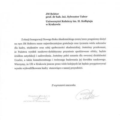Podziękowania za zaproszenie na Inaugurację Roku Akademickiego
