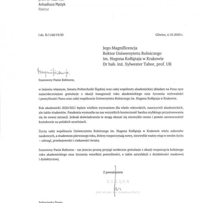 Podziękowania za zaproszenie na Inaugurację Roku Akademickiego