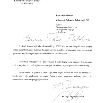 Podziękowania za zaproszenie na Inaugurację Roku Akademickiego