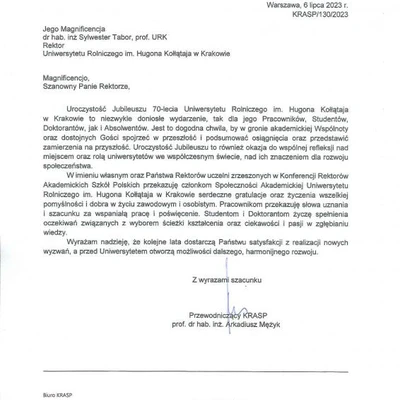70-lecie URK - gratulacje i wyróżnienia