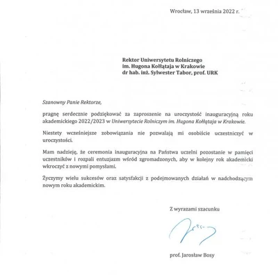 Podziękowania za zaproszenie na Inaugurację Roku Akademickiego 2022/2023 na URK