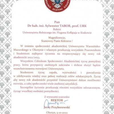 Podziękowania za zaproszenie na Inaugurację Roku Akademickiego 2022/2023 na URK