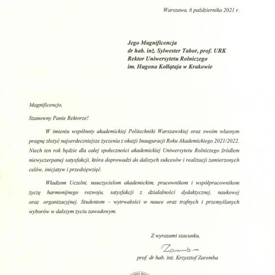 Podziękowania za zaproszenie na Inaugurację Roku Akademickiego