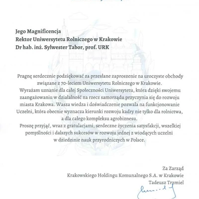 70-lecie URK - gratulacje i wyróżnienia