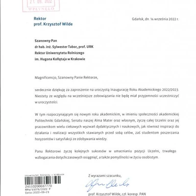 Podziękowania za zaproszenie na Inaugurację Roku Akademickiego 2022/2023 na URK