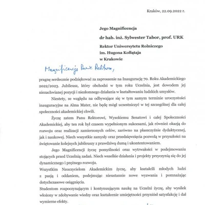 Podziękowania za zaproszenie na Inaugurację Roku Akademickiego 2022/2023 na URK