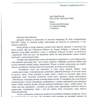 Podziękowania za zaproszenie na Inaugurację Roku Akademickiego