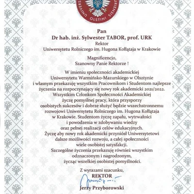 Podziękowania za zaproszenie na Inaugurację Roku Akademickiego