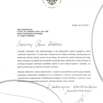 Podziękowania za zaproszenie na Inaugurację Roku Akademickiego