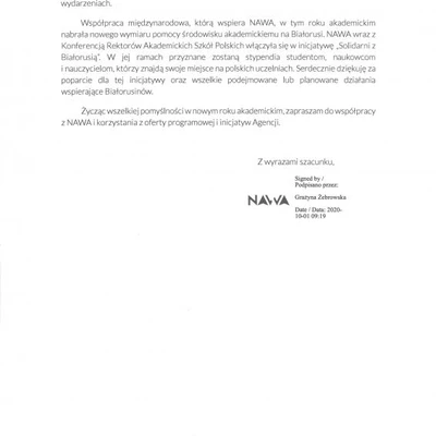 Podziękowania za zaproszenie na Inaugurację Roku Akademickiego