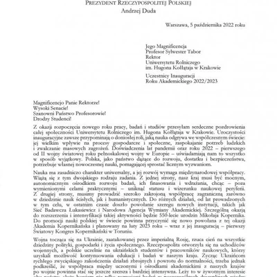 Podziękowania za zaproszenie na Inaugurację Roku Akademickiego 2022/2023 na URK