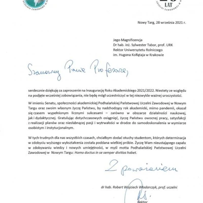 Podziękowania za zaproszenie na Inaugurację Roku Akademickiego