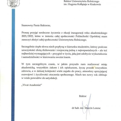 Podziękowania za zaproszenie na Inaugurację Roku Akademickiego