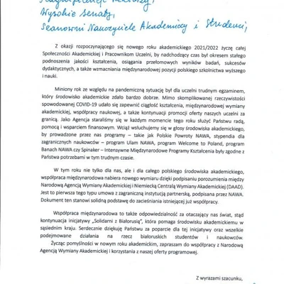 Podziękowania za zaproszenie na Inaugurację Roku Akademickiego