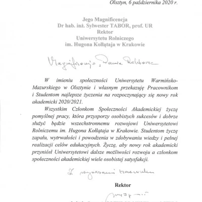 Podziękowania za zaproszenie na Inaugurację Roku Akademickiego