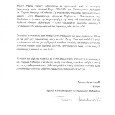 Podziękowania za zaproszenie na Inaugurację Roku Akademickiego
