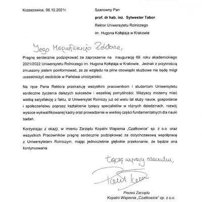Podziękowania za zaproszenie na Inaugurację Roku Akademickiego