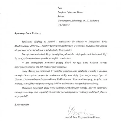 Podziękowania za zaproszenie na Inaugurację Roku Akademickiego