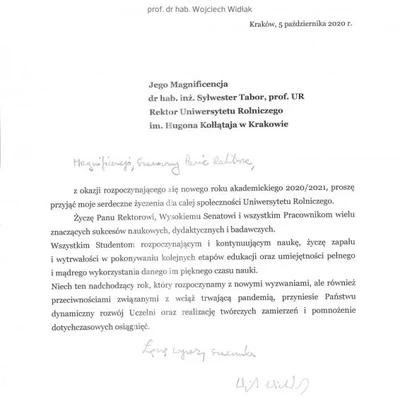 Podziękowania za zaproszenie na Inaugurację Roku Akademickiego