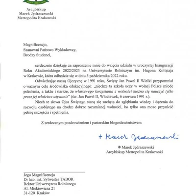 Podziękowania za zaproszenie na Inaugurację Roku Akademickiego 2022/2023 na URK