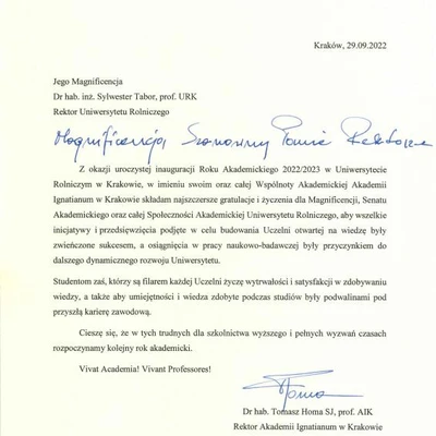 Podziękowania za zaproszenie na Inaugurację Roku Akademickiego 2022/2023 na URK