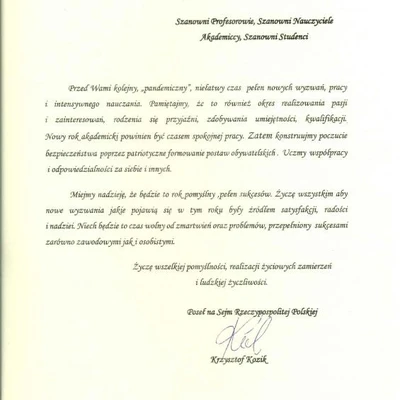 Podziękowania za zaproszenie na Inaugurację Roku Akademickiego