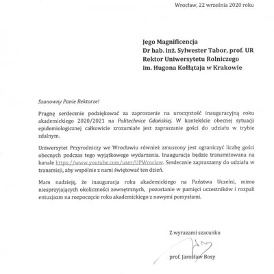 Podziękowania za zaproszenie na Inaugurację Roku Akademickiego