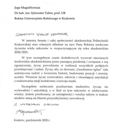 Podziękowania za zaproszenie na Inaugurację Roku Akademickiego