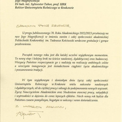 Podziękowania za zaproszenie na Inaugurację Roku Akademickiego 2022/2023 na URK