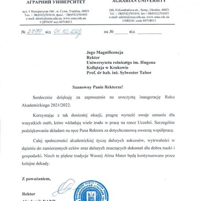 Podziękowania za zaproszenie na Inaugurację Roku Akademickiego