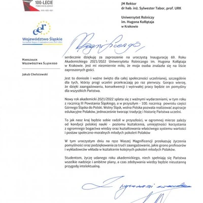 Podziękowania za zaproszenie na Inaugurację Roku Akademickiego