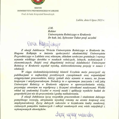 70-lecie URK - gratulacje i wyróżnienia