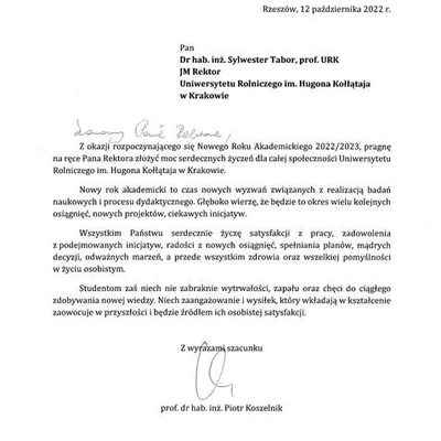 Podziękowania za zaproszenie na Inaugurację Roku Akademickiego 2022/2023 na URK