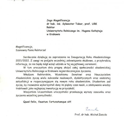 Podziękowania za zaproszenie na Inaugurację Roku Akademickiego