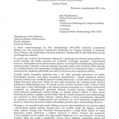 Podziękowania za zaproszenie na Inaugurację Roku Akademickiego