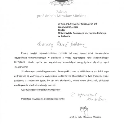 Podziękowania za zaproszenie na Inaugurację Roku Akademickiego