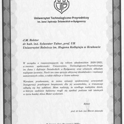 Podziękowania za zaproszenie na Inaugurację Roku Akademickiego