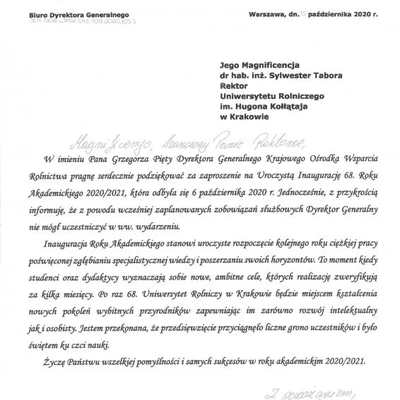 Podziękowania za zaproszenie na Inaugurację Roku Akademickiego
